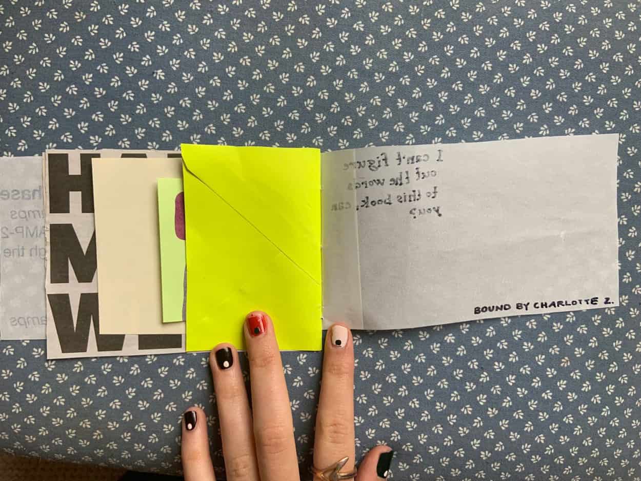 M_A_Charlotte_Zanna_Book_5 open hand bound book to several pages of descending size and inside cover reading