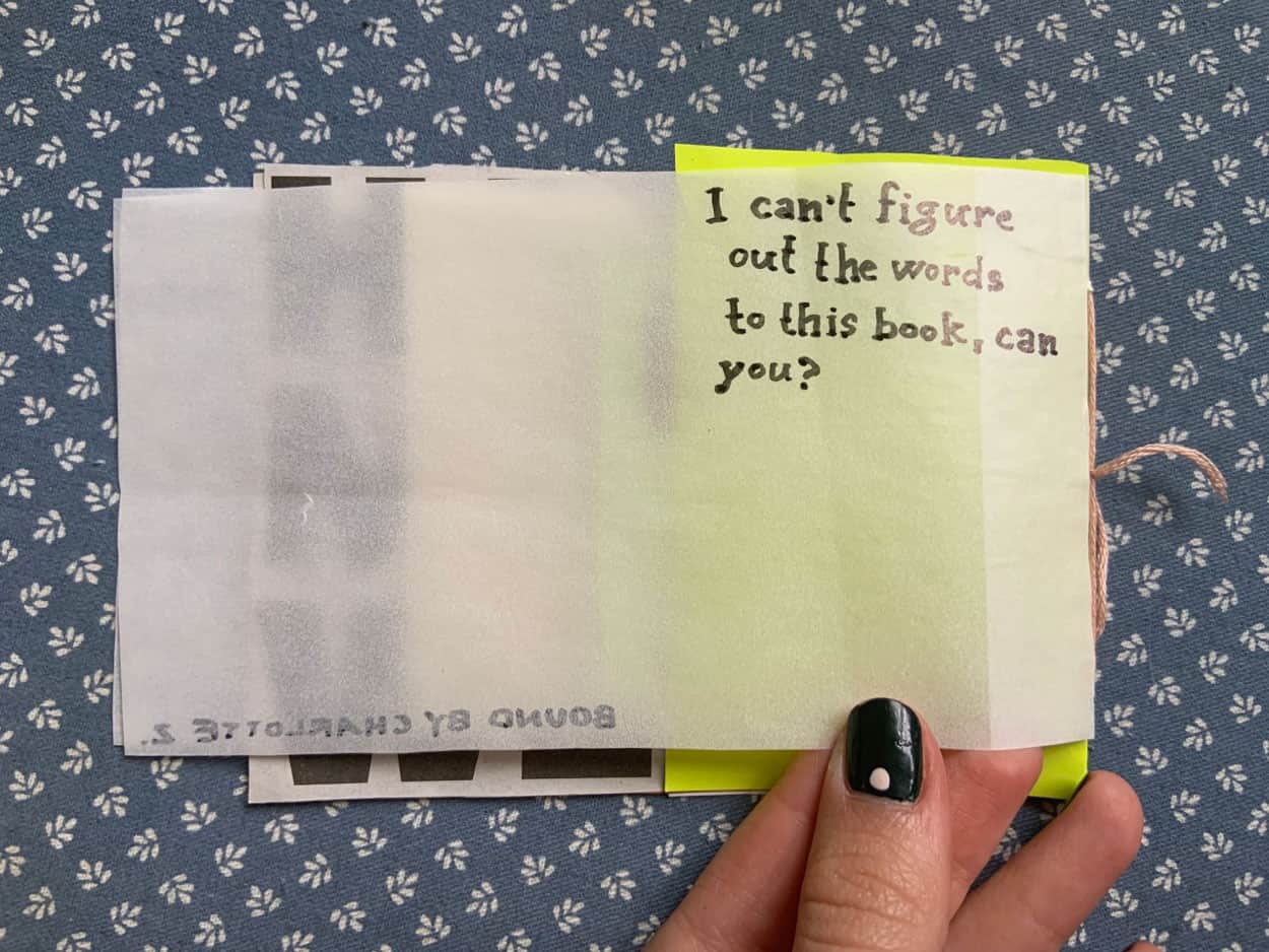 M_A_Charlotte_Zanna_Book_7 back of hand bound book reading