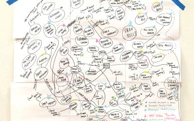 taped up sheet of paper with chart of artist names whose work is in Bennington Vault.